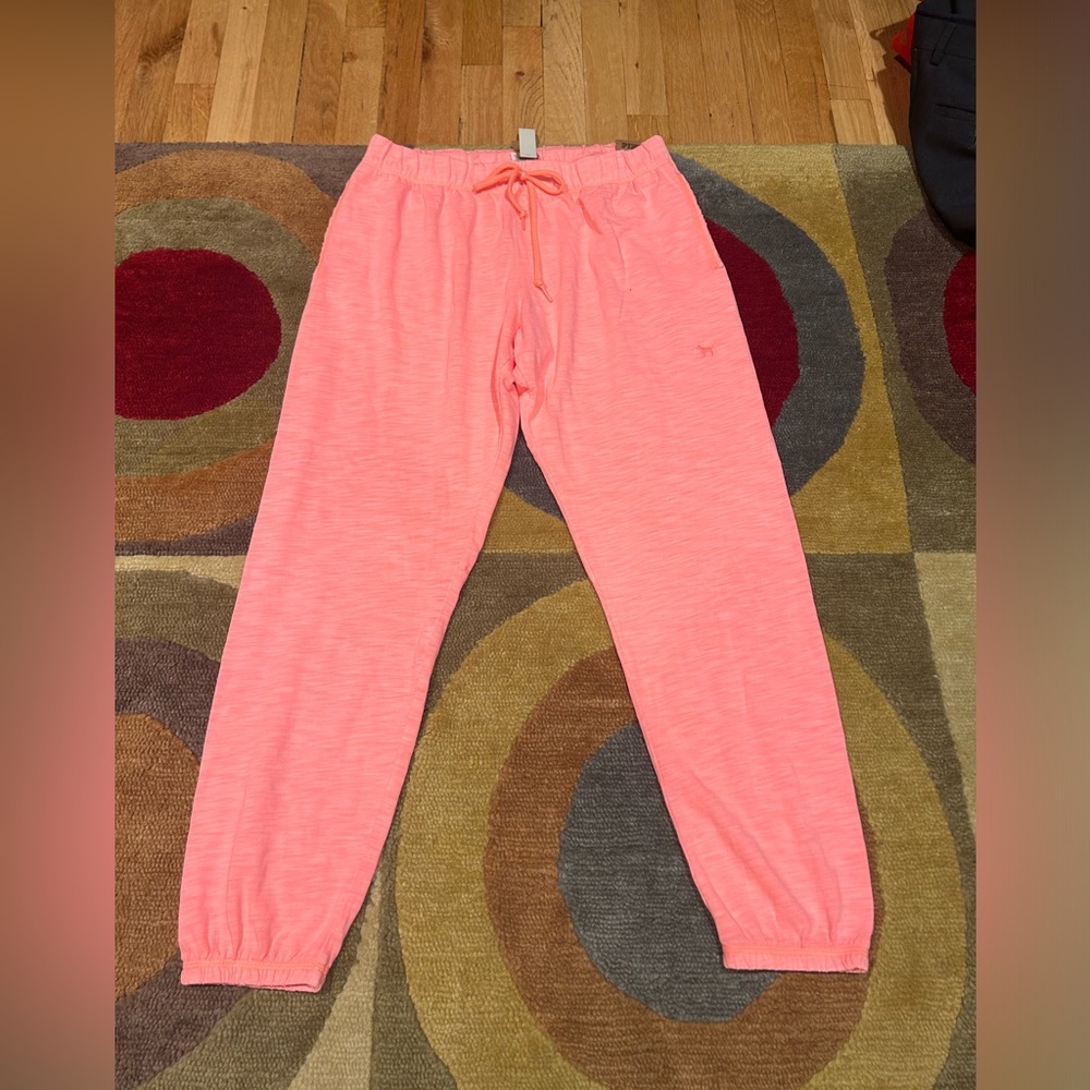 NWT Victoria’s Secret PINK Bright Coral Pink Thin Lightweight Jogger Pants Large - Picture 1 of 6